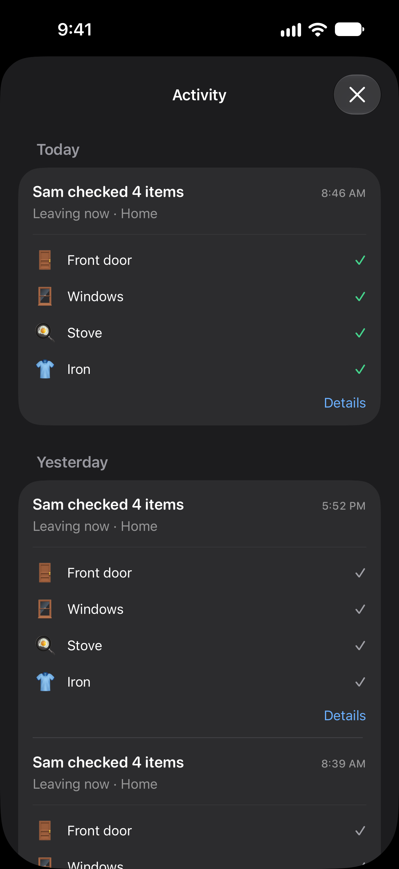 The Activity screen showing Sam's recorded items and exact completion times