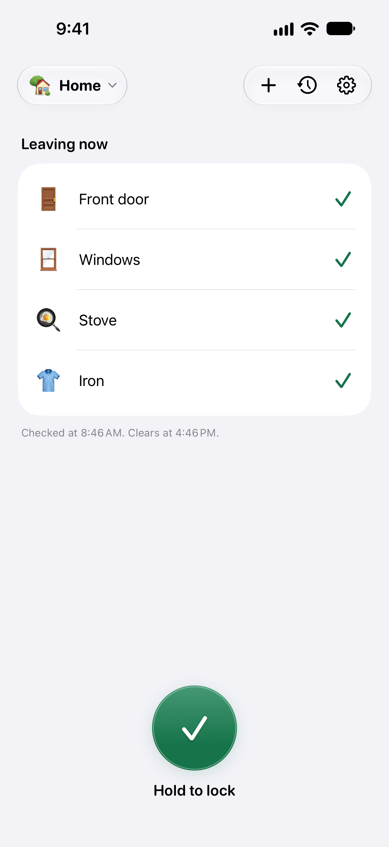 Is It Locked? Home showing four personally recorded items, Checked at 8:46 AM, Clears at 4:46 PM, and Hold to lock